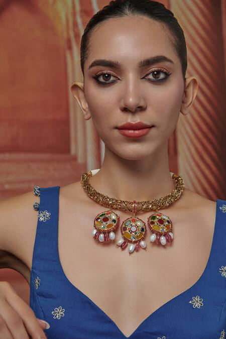 Paisley Pop_Multi Color Navrattan Hassli Necklace _Online_at_Aza_Fashions