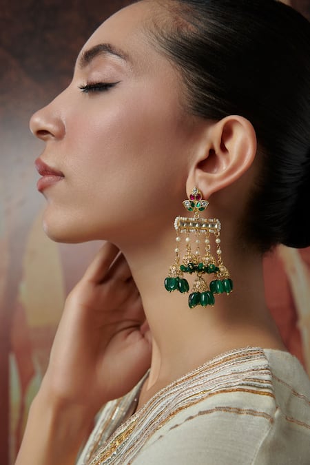 Paisley Pop_Green Pearls, Diamonds, Stones Clover Bloom Kundan And Embellished Earrings _Online_at_Aza_Fashions