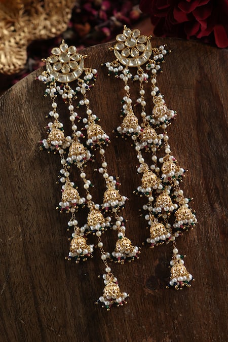 Buy_Paisley Pop_Gold Plated Pearls Chand Bahar Kundan Long Jhumki Earrings _Online_at_Aza_Fashions