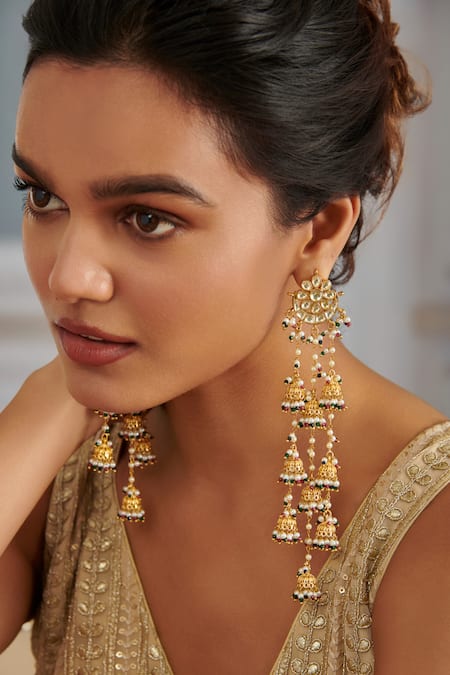 Shop_Paisley Pop_Gold Plated Pearls Chand Bahar Kundan Long Jhumki Earrings _Online_at_Aza_Fashions