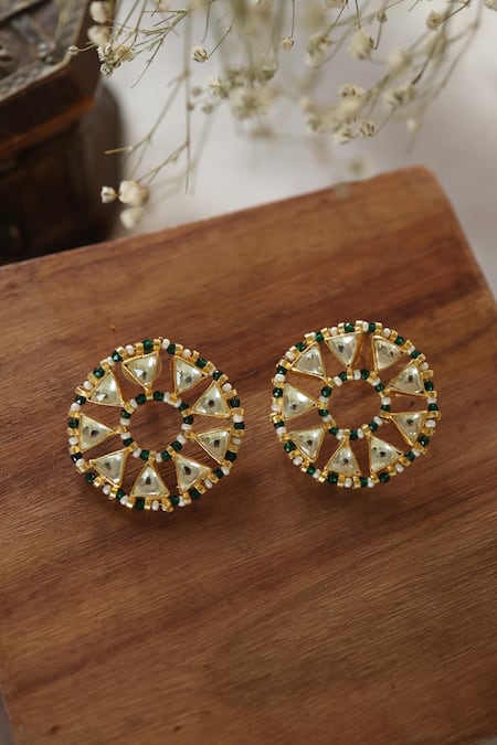 Paisley Pop_Green Pearls, Diamonds Kundan Embellished Starlet Studs _Online_at_Aza_Fashions
