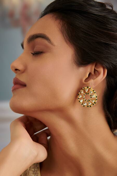 Buy_Paisley Pop_Green Pearls, Diamonds Kundan Embellished Starlet Studs _Online_at_Aza_Fashions