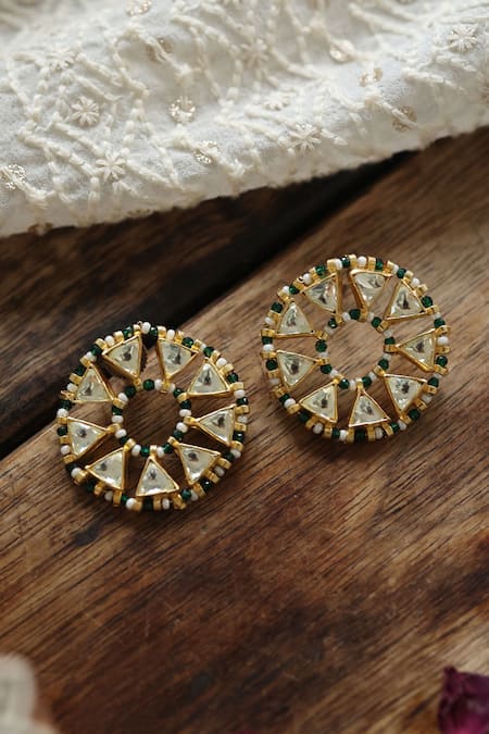 Shop_Paisley Pop_Green Pearls, Diamonds Kundan Embellished Starlet Studs _Online_at_Aza_Fashions