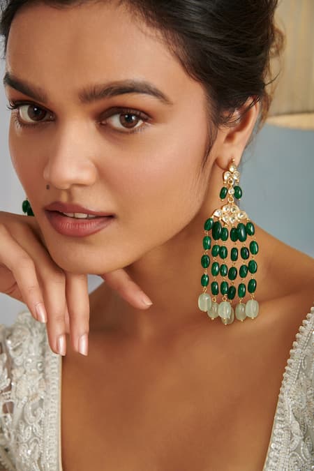 Paisley Pop_Green Lace, Stones Jade Embellished Dangler Earrings _Online_at_Aza_Fashions