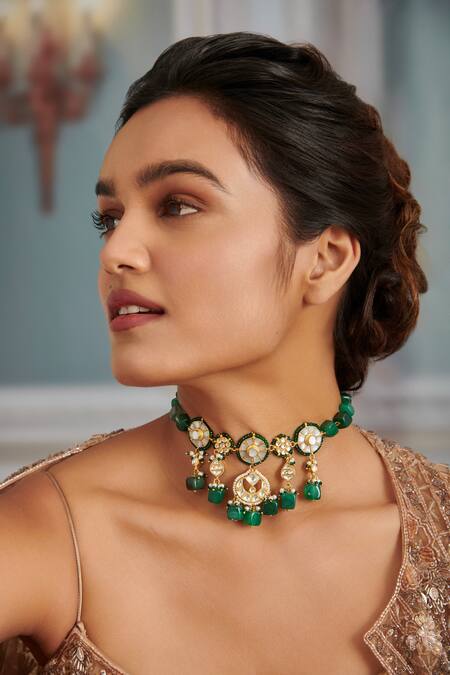 Buy Paisley Pop Green Floral Carved Kundan Embellished Choker Online at Aza Fashions Buy_Paisley Pop_Green Floral Carved Kundan Embellished Choker _Online_at_Aza_Fashions