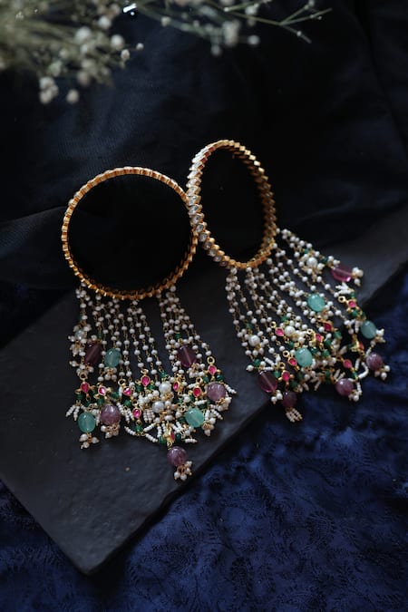 Shop_Paisley Pop_Multi Color Pearls, Diamonds Kalira Stone Dangler 2 Pcs_at_Aza_Fashions