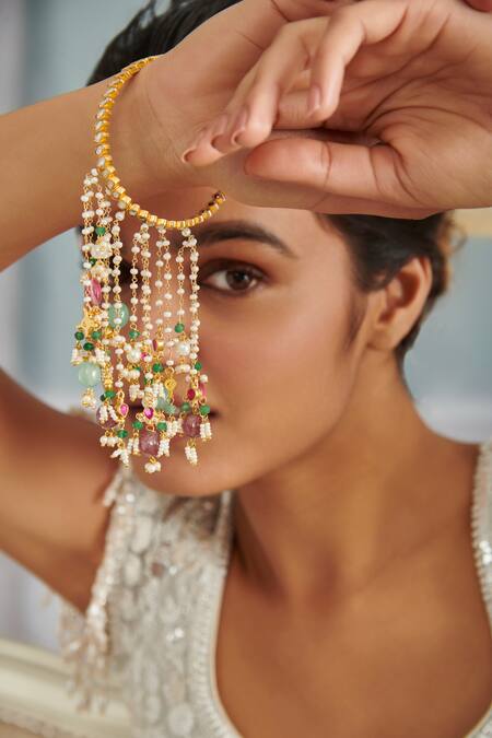 Paisley Pop_Multi Color Pearls, Diamonds Kalira Stone Dangler 2 Pcs_Online_at_Aza_Fashions