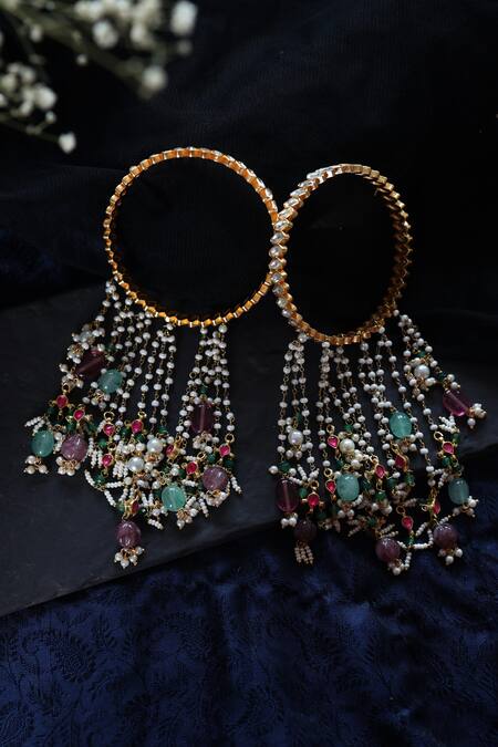 Shop_Paisley Pop_Multi Color Pearls, Diamonds Kalira Stone Dangler 2 Pcs_Online_at_Aza_Fashions