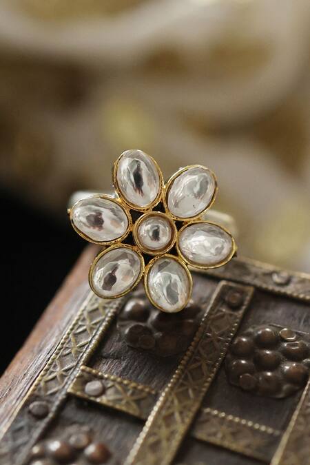 Paisley Pop Gold Plated Imitation Diamonds Floral Polki Ring Online at Aza Fashions Paisley Pop_Gold Plated Imitation Diamonds Floral Polki Ring _Online_at_Aza_Fashions