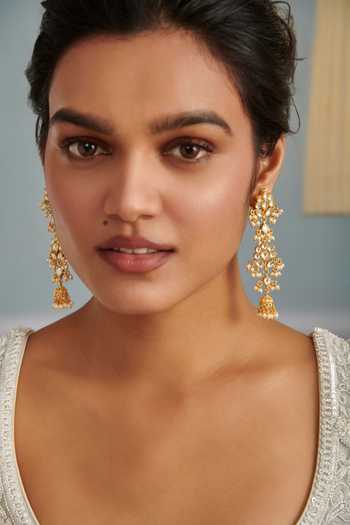 Paisley Pop_Gold Plated Pearls, Gota Patti Floral Carved Dangler Earrings_Online_at_Aza_Fashions