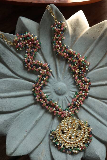 Shop_Paisley Pop_Multi Color Kundan Flower Motif Pendant Necklace _at_Aza_Fashions