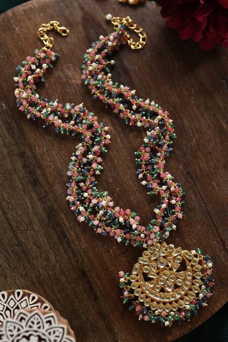 Buy_Paisley Pop_Multi Color Kundan Flower Motif Pendant Necklace _Online_at_Aza_Fashions
