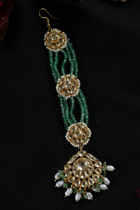 Paisley Pop Green Floral Motif Carved Maangtikka Online at Aza Fashions Paisley Pop_Green Floral Motif Carved Maangtikka _Online_at_Aza_Fashions