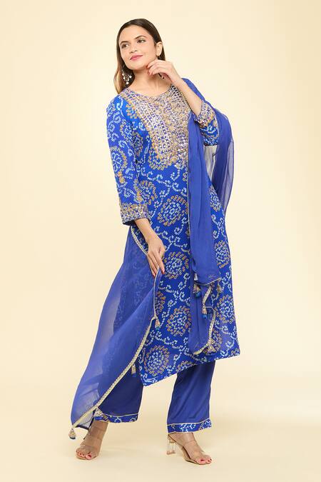 Buy_Naintara Bajaj_Blue Georgette, Chiffon, Silk Embroidery, Gota Bandhej Pattern Kurta Pant Set_Online_at_Aza_Fashions
