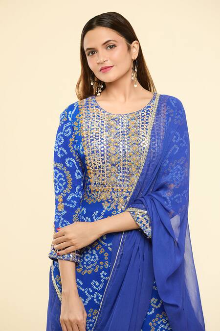 Shop_Naintara Bajaj_Blue Georgette, Chiffon, Silk Embroidery, Gota Bandhej Pattern Kurta Pant Set_Online_at_Aza_Fashions