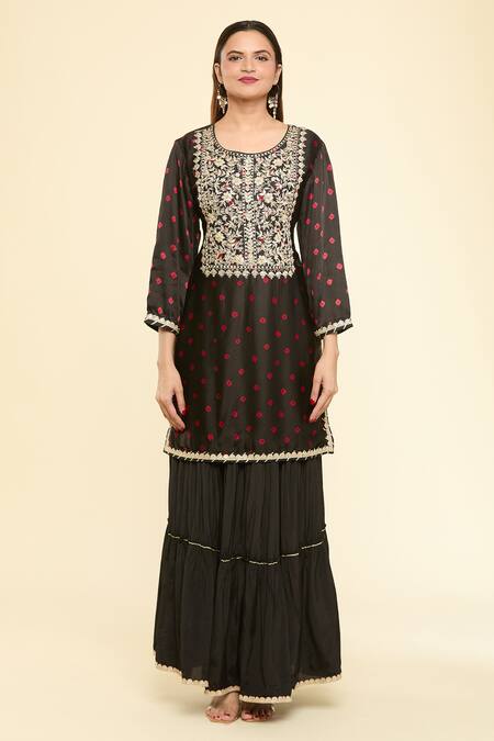 Samyukta Singhania Black Satin, Silk, Chiffon Embroidery Round Neck Straight Kurta Sharara Set Online at Aza Fashions Samyukta Singhania_Black Satin, Silk, Chiffon Embroidery Round Neck Straight Kurta Sharara Set_Online_at_Aza_Fashions