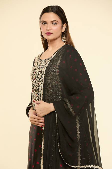 Samyukta Singhania Black Satin, Silk, Chiffon Embroidery Round Neck Straight Kurta Sharara Set at Aza Fashions Samyukta Singhania_Black Satin, Silk, Chiffon Embroidery Round Neck Straight Kurta Sharara Set_at_Aza_Fashions