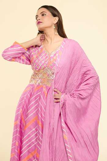 Shop_Samyukta Singhania_Pink Chanderi Gota Patti Leheriya Pattern Embroidered Anarkali With Dupatta_Online_at_Aza_Fashions