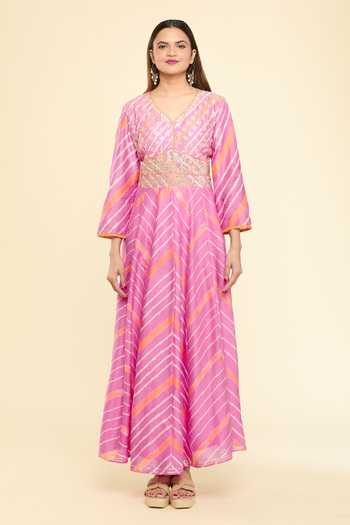 Samyukta Singhania_Pink Chanderi Gota Patti Leheriya Pattern Embroidered Anarkali With Dupatta_at_Aza_Fashions