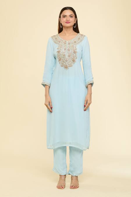 Samyukta Singhania Sky Blue Kurta Georgette Embroidery Dori Round And Pant Set  3