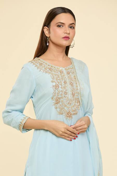 Samyukta Singhania Sky Blue Kurta Georgette Embroidery Dori Round And Pant Set  5