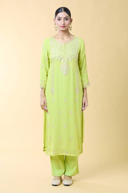 Samyukta Singhania_Green Georgette, Silk Lace, Embroidery Round Pittan Straight Kurta And Pant Set_Online_at_Aza_Fashions