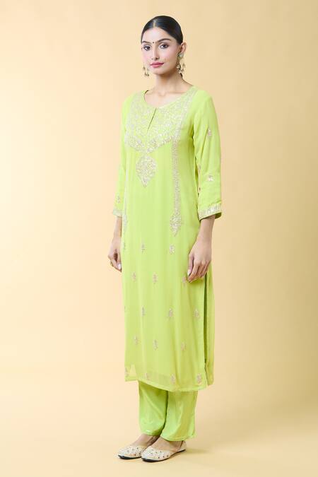 Buy_Samyukta Singhania_Green Georgette, Silk Lace, Embroidery Round Pittan Straight Kurta And Pant Set_Online_at_Aza_Fashions