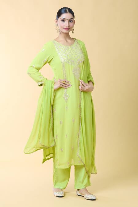 Shop_Samyukta Singhania_Green Georgette, Silk Lace, Embroidery Round Pittan Straight Kurta And Pant Set_Online_at_Aza_Fashions