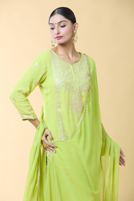 Samyukta Singhania_Green Georgette, Silk Lace, Embroidery Round Pittan Straight Kurta And Pant Set_at_Aza_Fashions