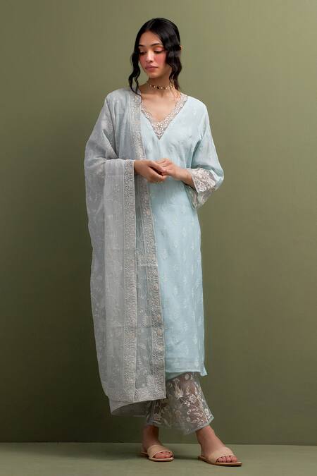 Shop Anantaa By Roohi Blue Chanderi Embroidery, Sequins V-neck Floral Patchwork Kurta Pant Set Shop_Anantaa By Roohi_Blue Chanderi Embroidery, Sequins V-neck Floral Patchwork Kurta Pant Set