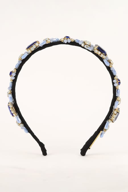 Born Flash_Blue Crystals, Beads Bluebell Embellished Hairband _at_Aza_Fashions