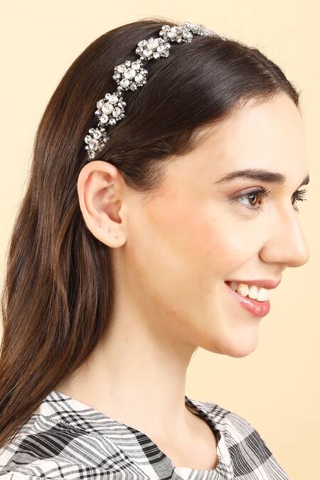 Born Flash_Silver Beads, Crystals Calendula Floral Crytsal Embellished Hairband _Online_at_Aza_Fashions