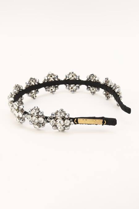 Buy_Born Flash_Silver Beads, Crystals Calendula Floral Crytsal Embellished Hairband _Online_at_Aza_Fashions