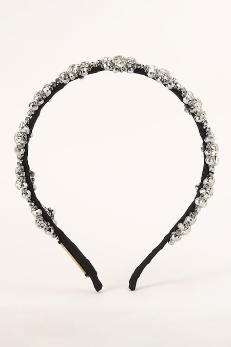 Shop_Born Flash_Silver Beads, Crystals Calendula Floral Crytsal Embellished Hairband _Online_at_Aza_Fashions