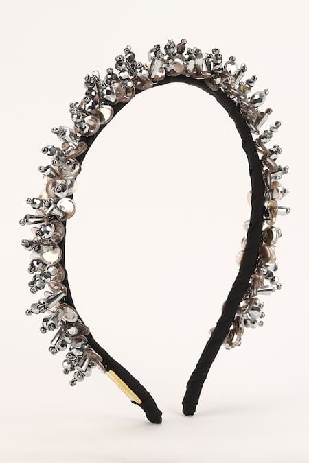 Born Flash_Silver Beads Carnation Crystal Embellished Hairband _at_Aza_Fashions