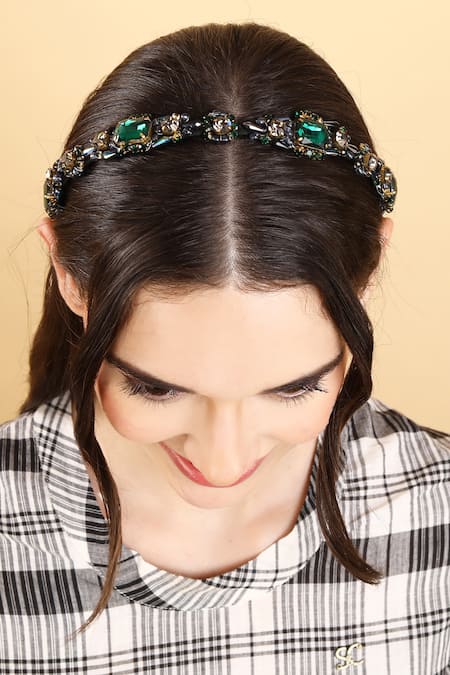 Born Flash Green Crystal Gerbera And Bead Work Hairband 