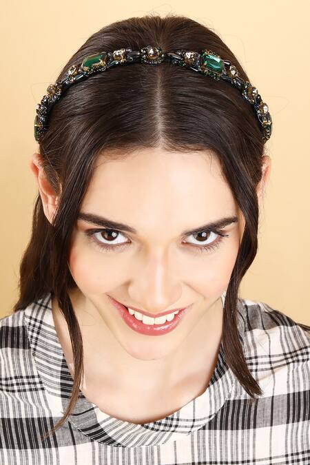 Born Flash_Green Crystals, Beads Gerbera And Work Hairband _Online_at_Aza_Fashions