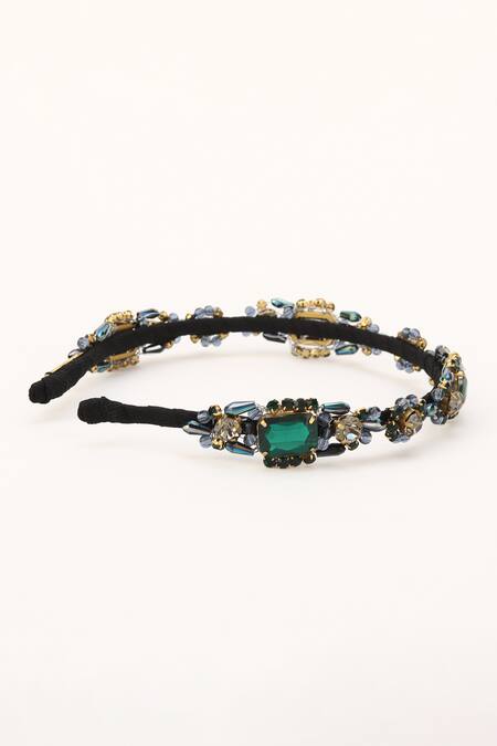 Shop_Born Flash_Green Crystals, Beads Gerbera And Work Hairband _Online_at_Aza_Fashions