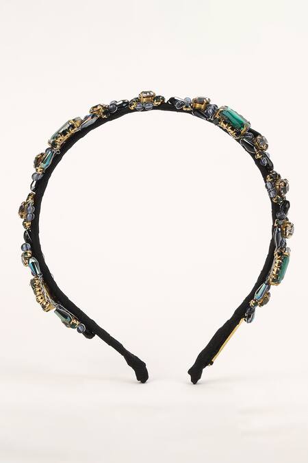 Born Flash_Green Crystals, Beads Gerbera And Work Hairband _at_Aza_Fashions