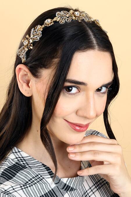 Born Flash_Gold Crystals, Beads Gillyflower And Embellished Hairband _Online_at_Aza_Fashions
