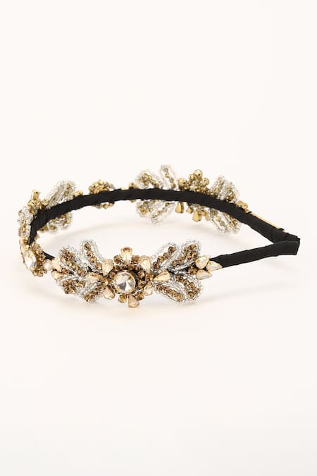 Shop_Born Flash_Gold Crystals, Beads Gillyflower And Embellished Hairband _Online_at_Aza_Fashions