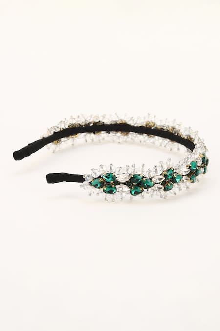 Born Flash_Green Beads, Crystals Gladiolus And Embellished Hairband _Online_at_Aza_Fashions