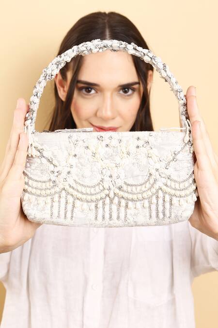 Born Flash_Silver Pearls, Sequins, Crystals Luxuria Bloom Embellished Handbag _Online_at_Aza_Fashions