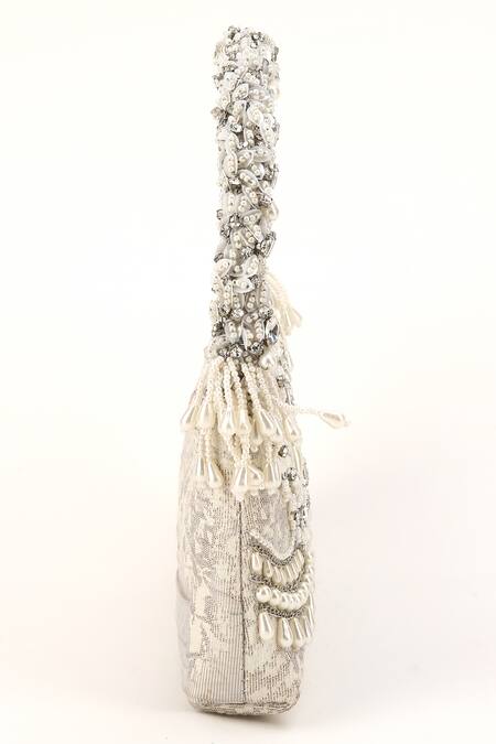Buy_Born Flash_Silver Pearls, Sequins, Crystals Luxuria Bloom Embellished Handbag _Online_at_Aza_Fashions