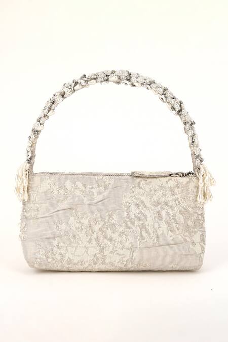 Shop_Born Flash_Silver Pearls, Sequins, Crystals Luxuria Bloom Embellished Handbag _Online_at_Aza_Fashions