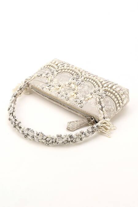 Born Flash_Silver Pearls, Sequins, Crystals Luxuria Bloom Embellished Handbag _at_Aza_Fashions