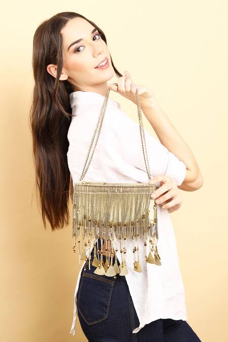 Born Flash_Gold Chains, Beads Tassel Glam Fringe Embellished Bag _Online_at_Aza_Fashions