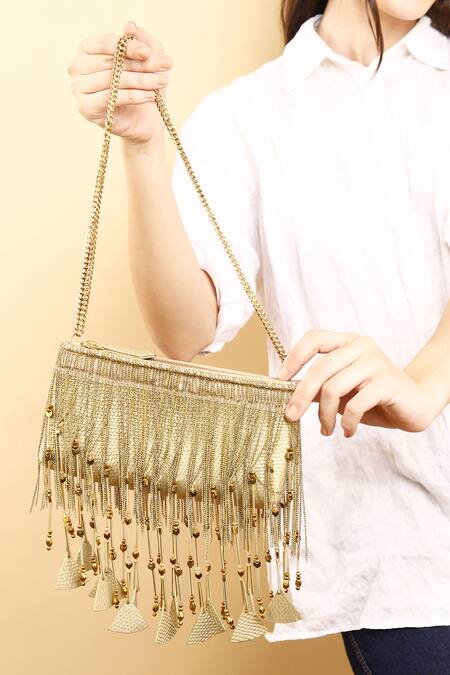 Buy_Born Flash_Gold Chains, Beads Tassel Glam Fringe Embellished Bag _Online_at_Aza_Fashions