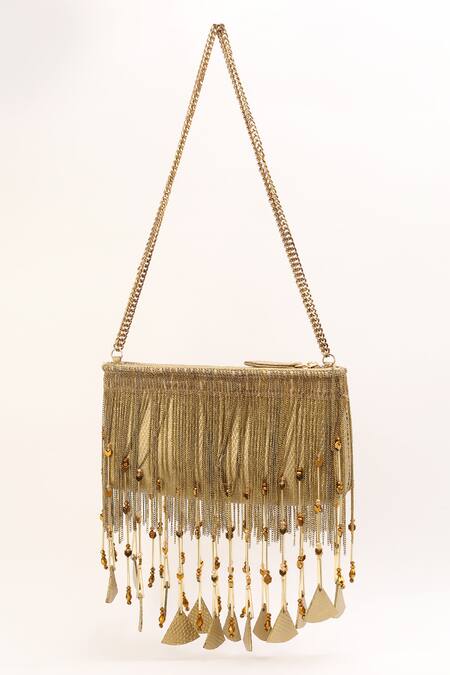 Buy_Born Flash_Gold Chains, Beads Tassel Glam Fringe Embellished Bag 