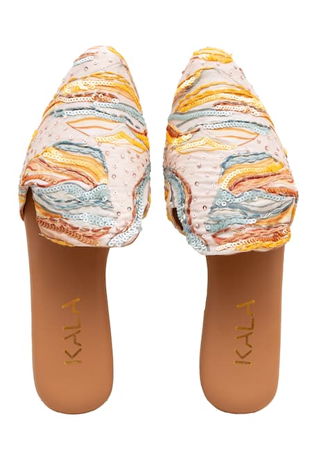 Shop_Kala_Beige Sequin Mimosa Wave Embroidered Mules _at_Aza_Fashions